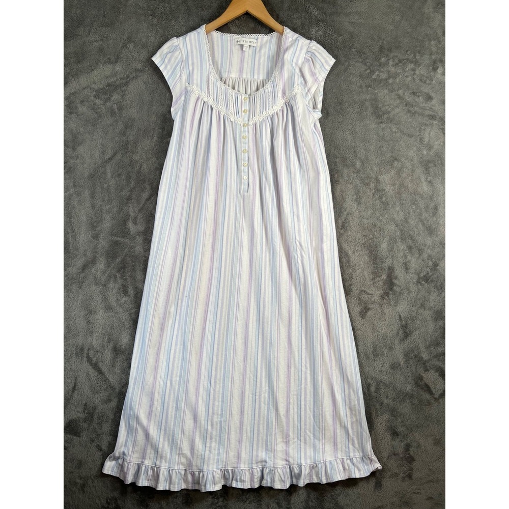 Eileen West Cotton Nightgown Small White Striped Buttons Cap Sleeves Cottagecore